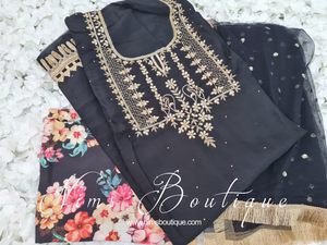 Luxury Unstitched Black Embellished & Floral Suit