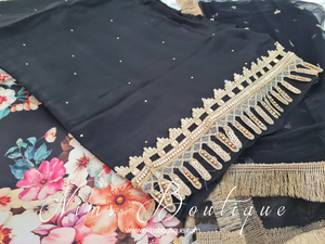 Luxury Unstitched Black Embellished & Floral Suit