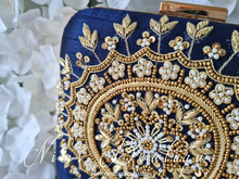 Large Navy Raw Silk Pearl Embellished Clutch Bag