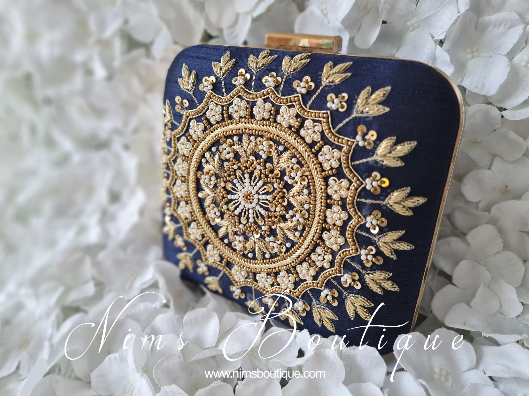 Large Navy Raw Silk Pearl Embellished Clutch Bag