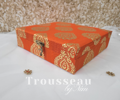 Orange Brocade Silk Square Jewellery Gift Box
