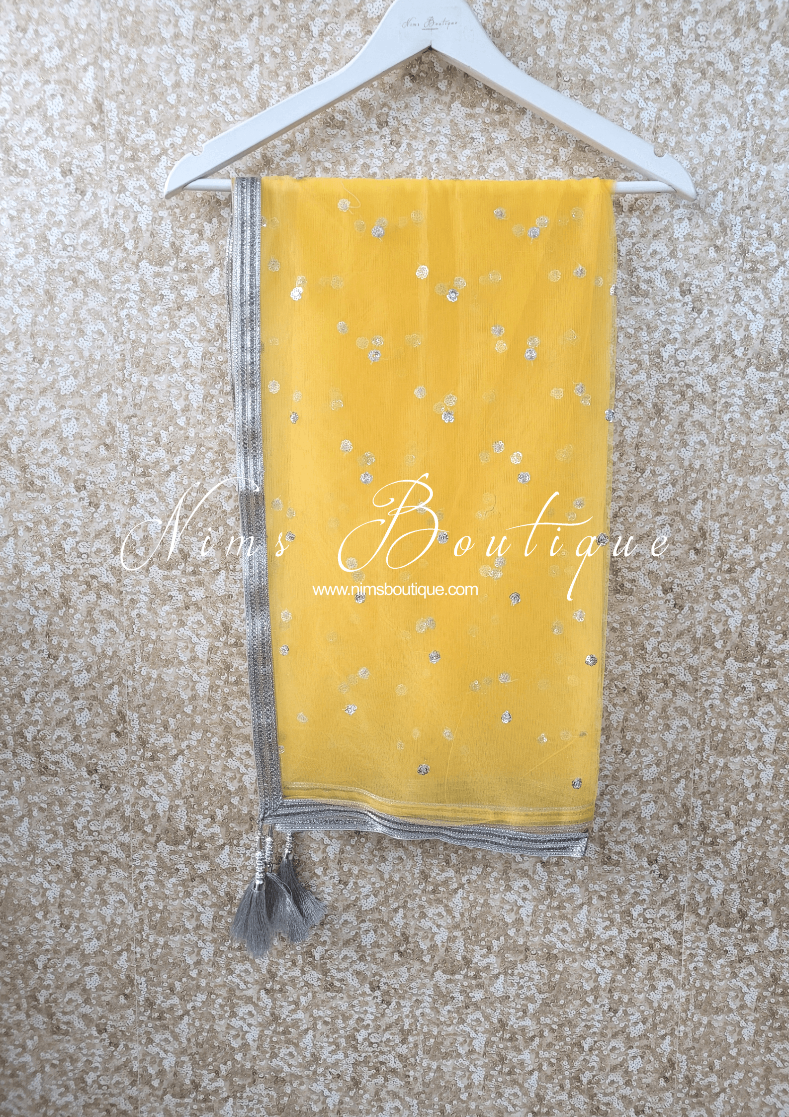 Nims Boutique Yellow & Silver Sequin Net Sequin Dupatta/Chunni