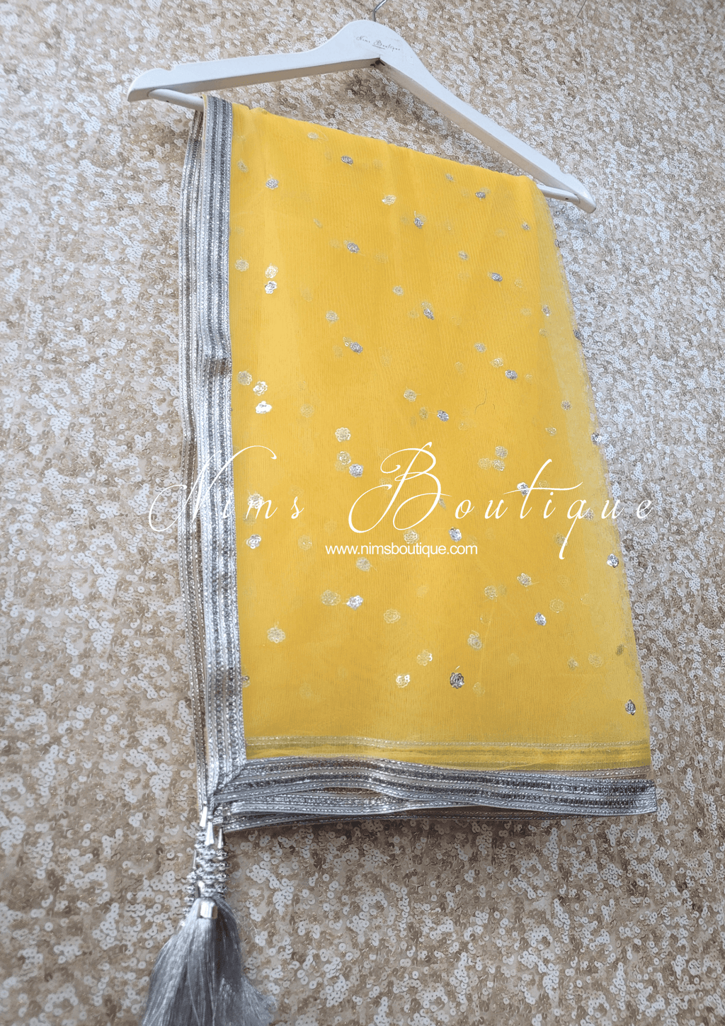 Nims Boutique Yellow & Silver Sequin Net Sequin Dupatta/Chunni