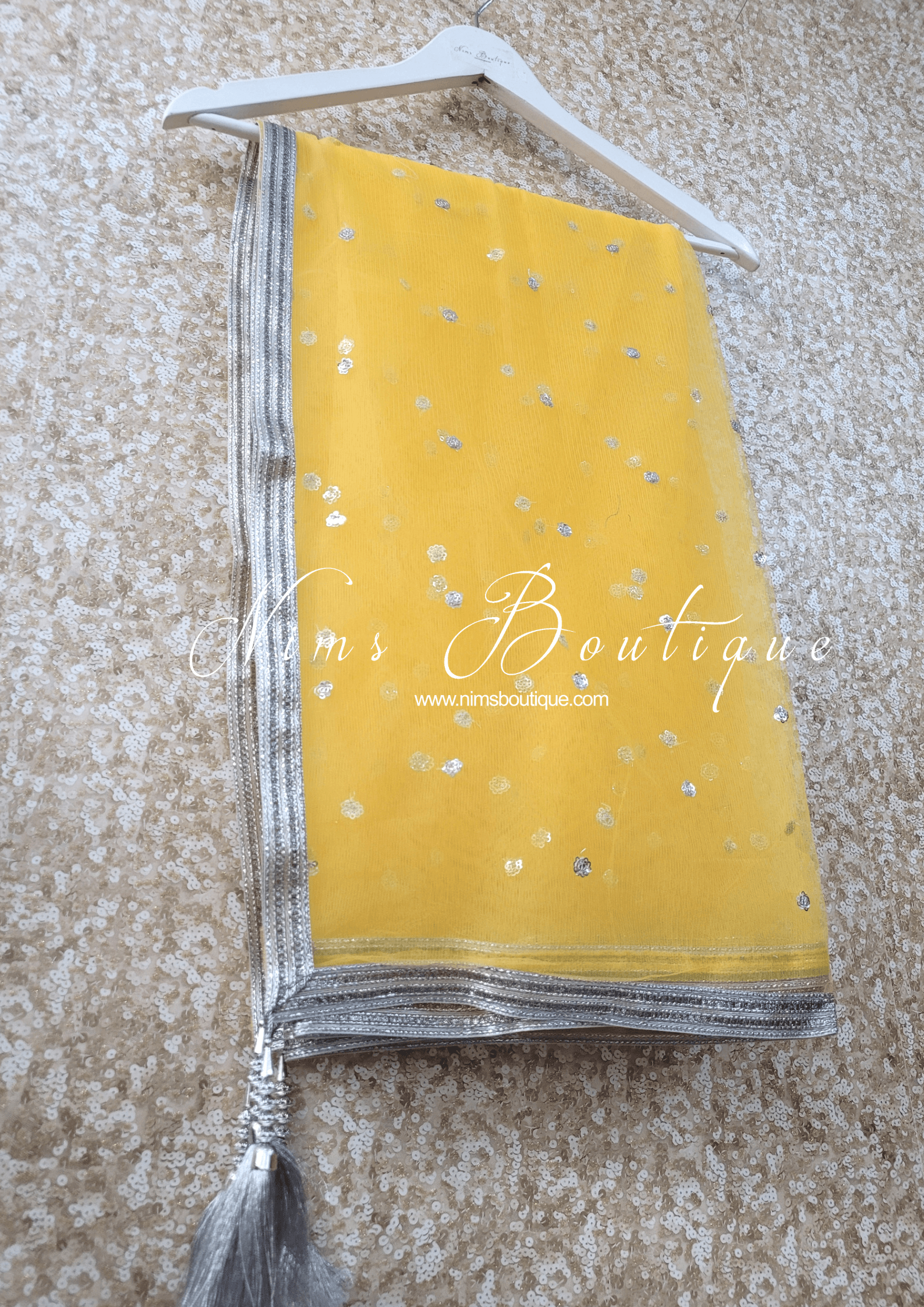 Nims Boutique Yellow & Silver Sequin Net Sequin Dupatta/Chunni