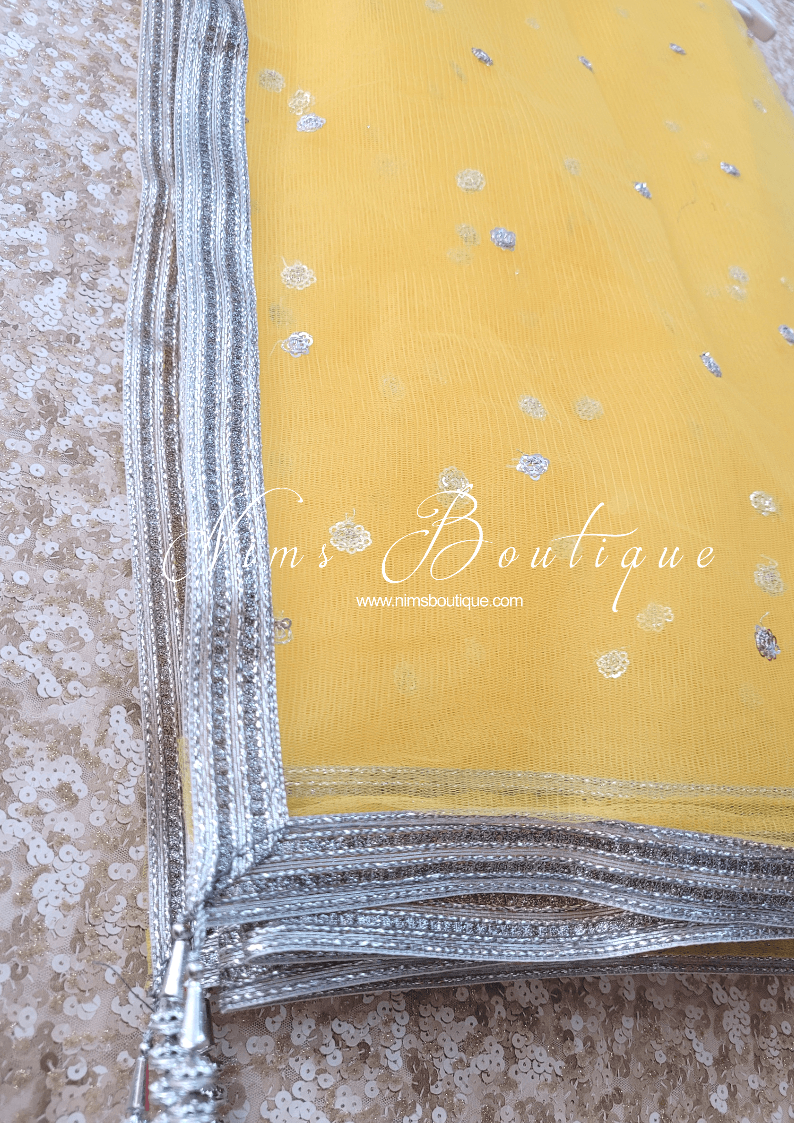 Nims Boutique Yellow & Silver Sequin Net Sequin Dupatta/Chunni