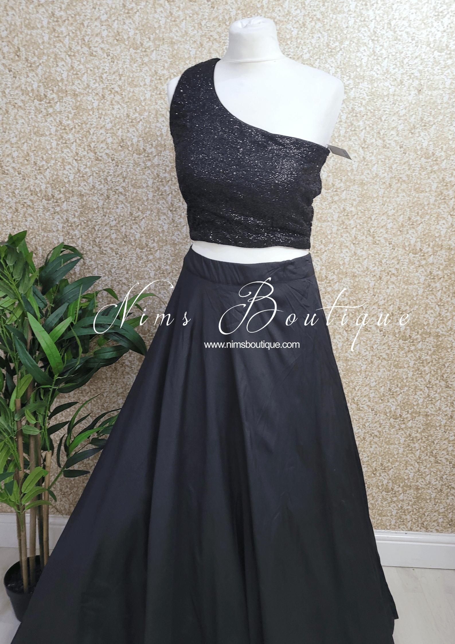 Nims Boutique Luxury One Shoulder Black Sequin Blouse 4-22