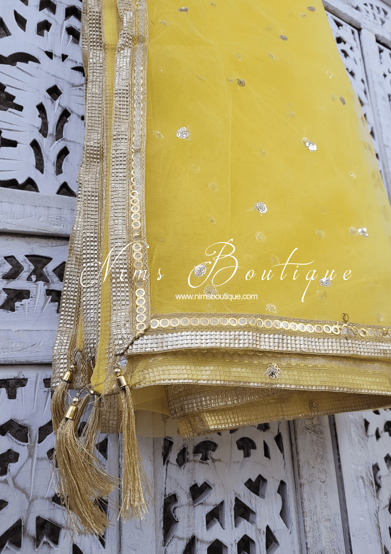 Nims Boutique Yellow Net Sequin Dupatta/Chunni