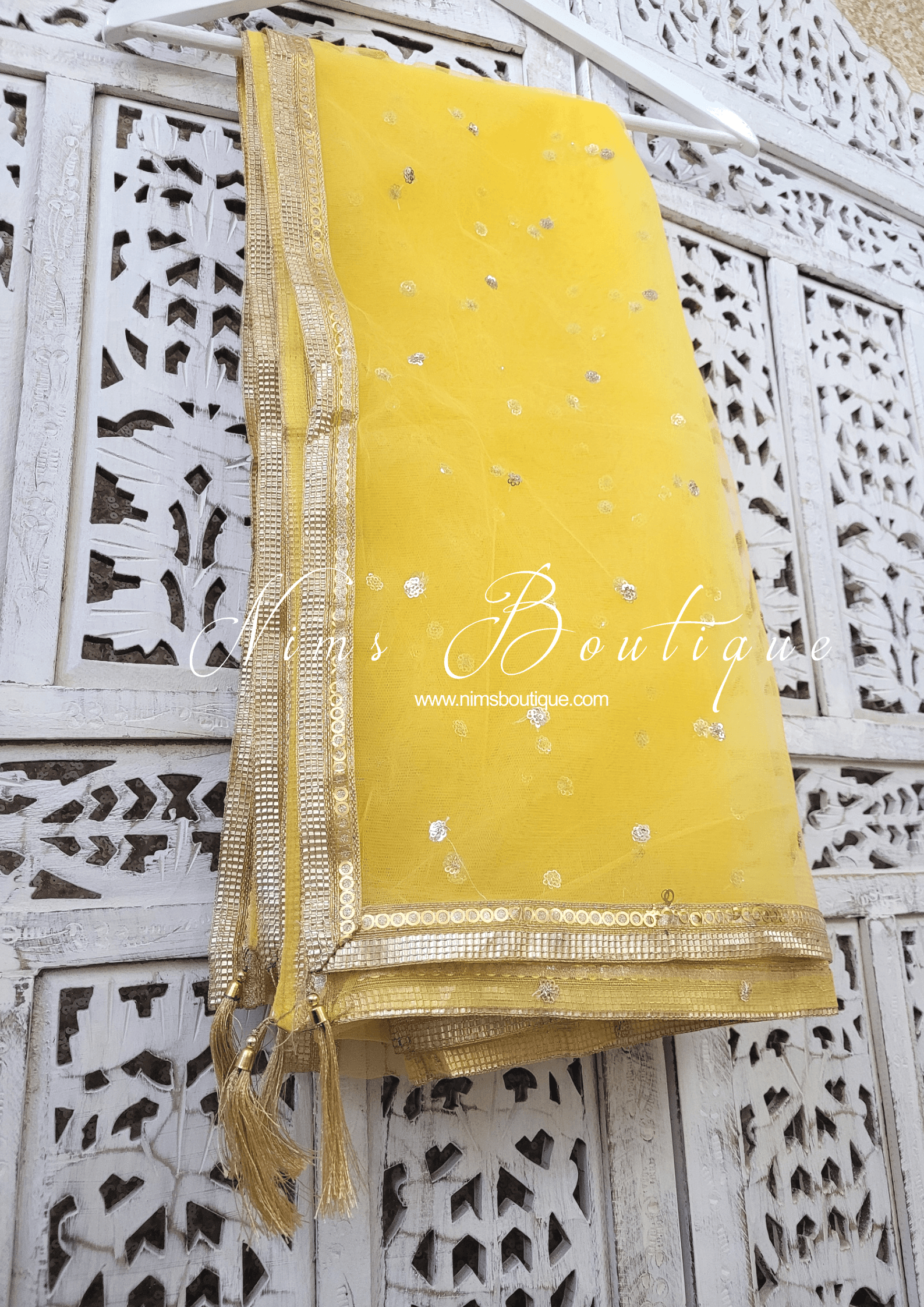 Nims Boutique Yellow Net Sequin Dupatta/Chunni