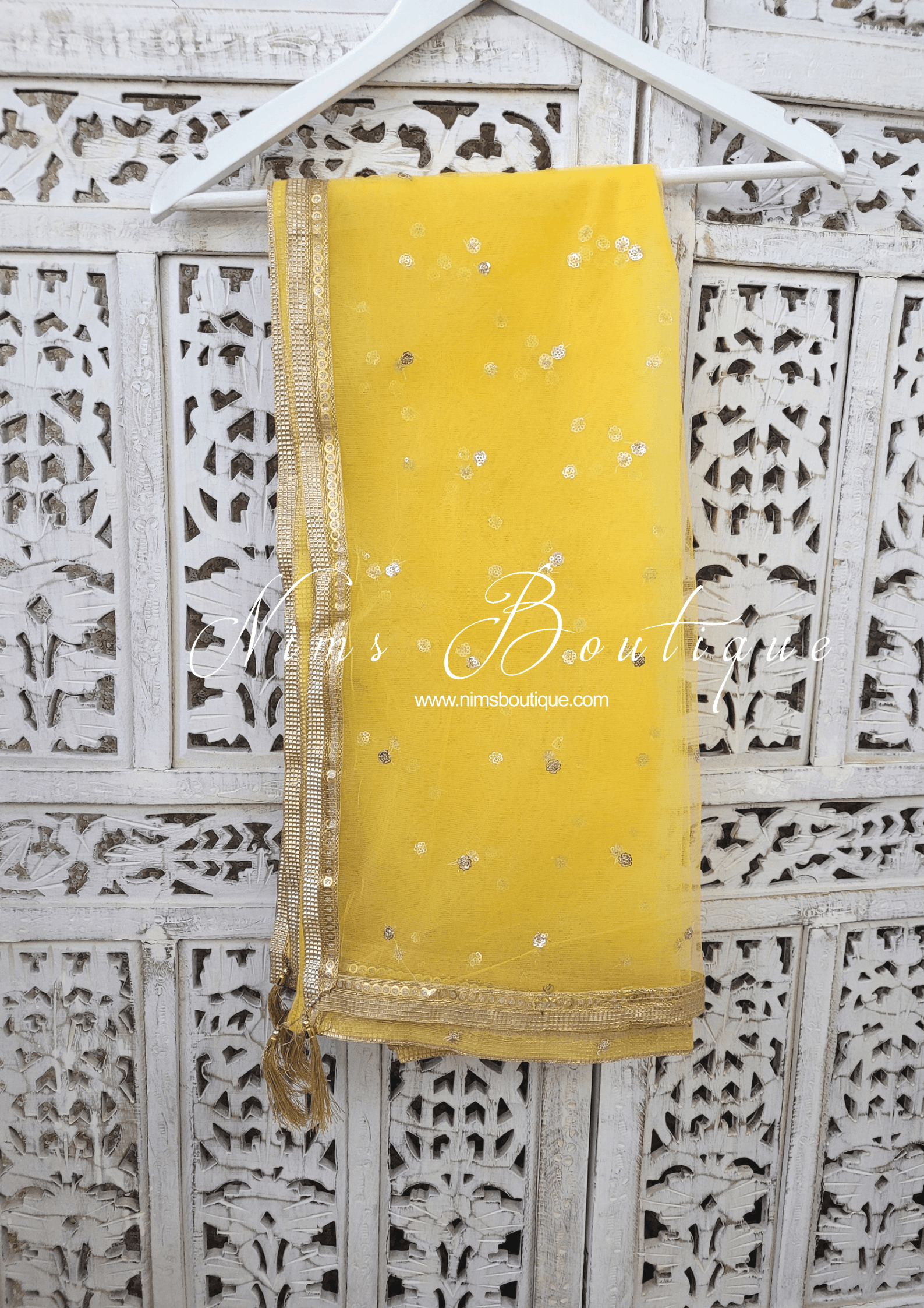 Nims Boutique Yellow Net Sequin Dupatta/Chunni
