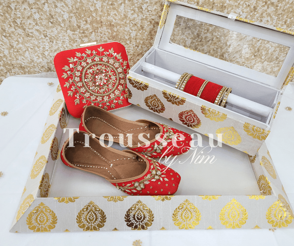 Nims Boutique Luxury Red Velvet Embroidered Leather Punjabi Juttis