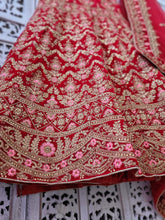 Semi Stitched Red Velvet & Pink Bridal Lehnga