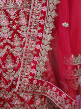 Semi Stitched Red Velvet & Pink Bridal Lehnga