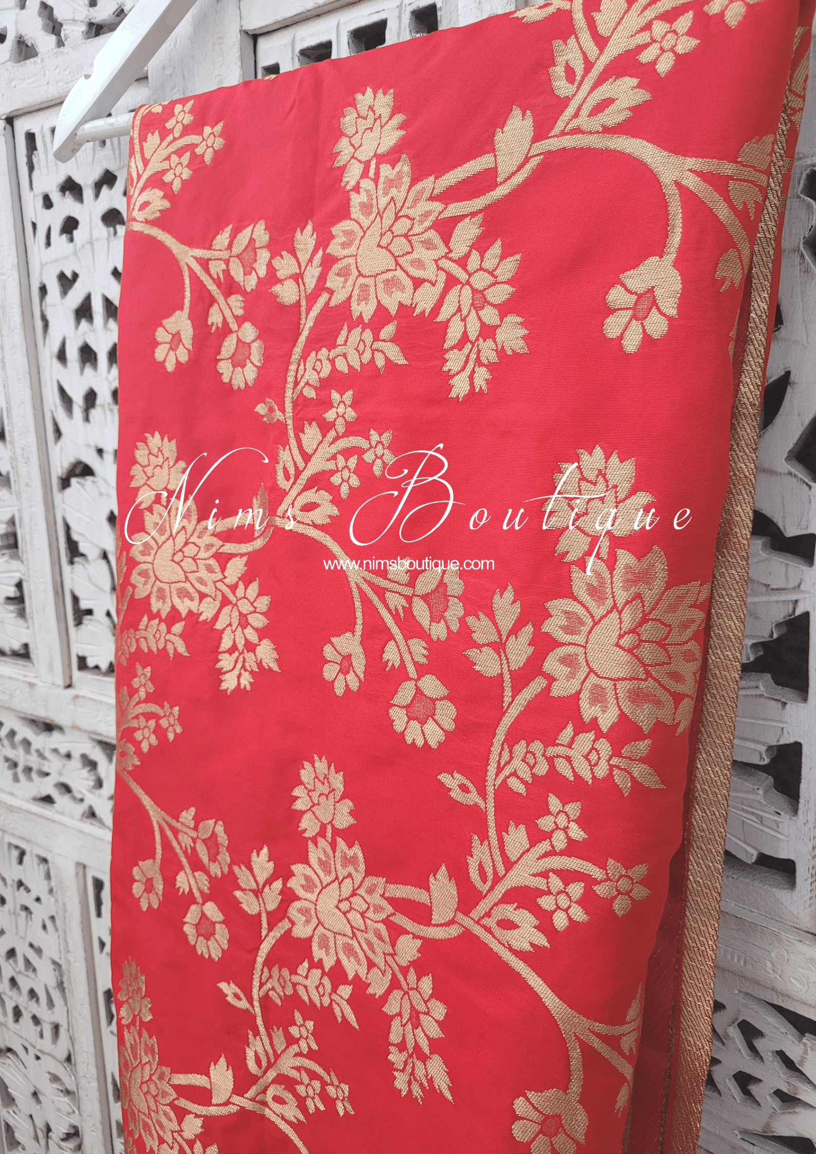 Nims Boutique Red Floral Silk Banarsi Dupatta/Chunni