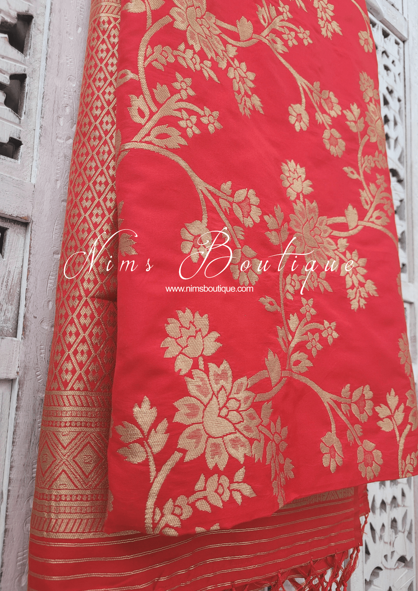 Nims Boutique Red Floral Silk Banarsi Dupatta/Chunni