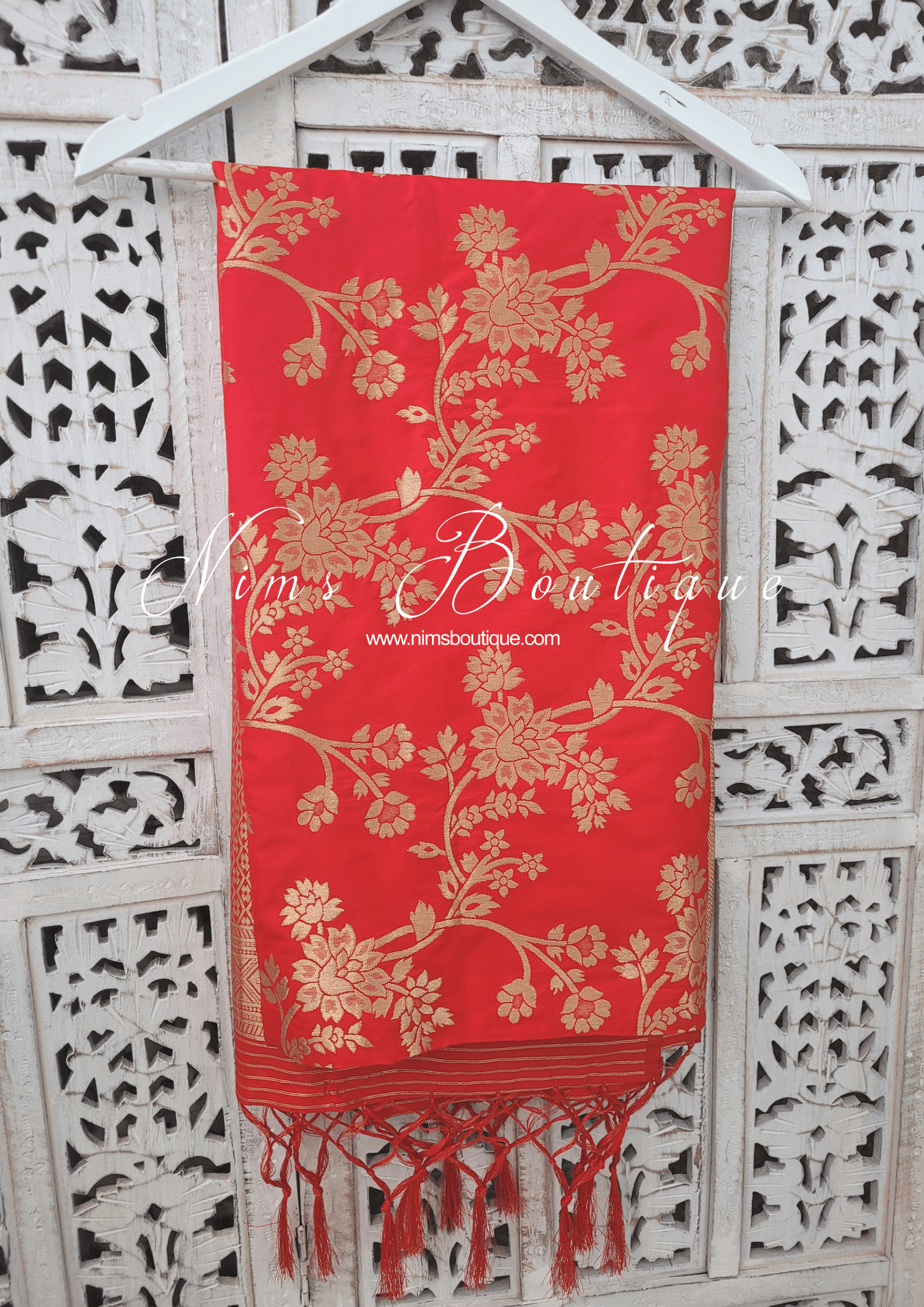 Nims Boutique Red Floral Silk Banarsi Dupatta/Chunni