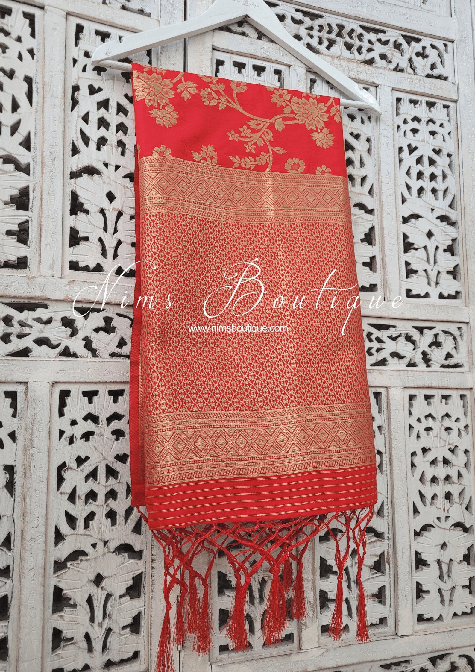 Nims Boutique Red Floral Silk Banarsi Dupatta/Chunni