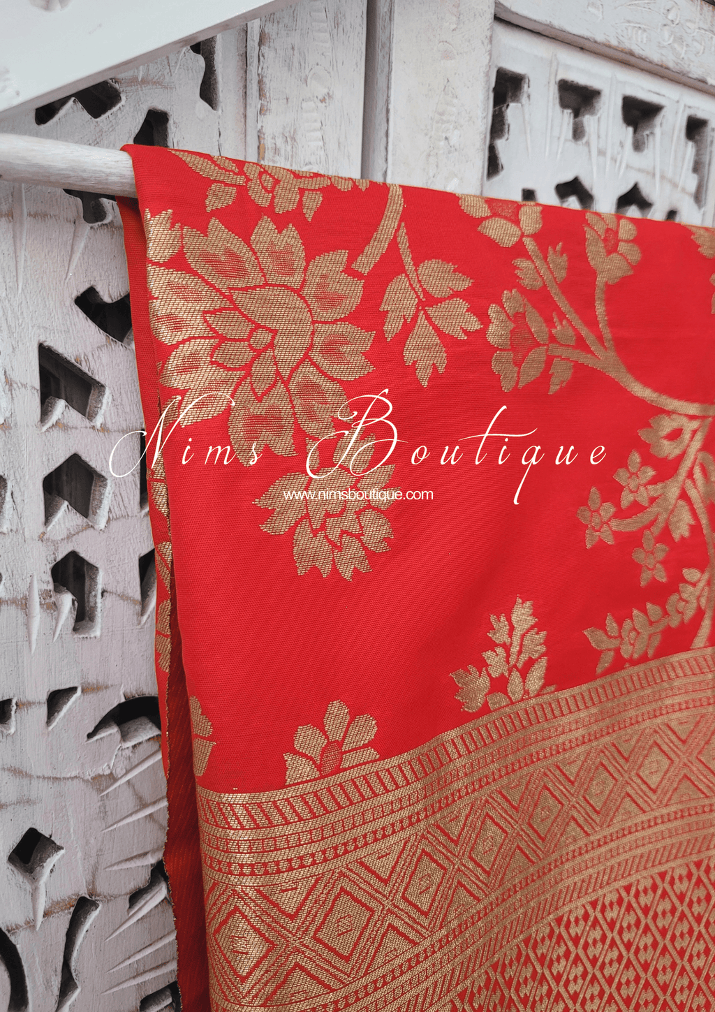 Nims Boutique Red Floral Silk Banarsi Dupatta/Chunni