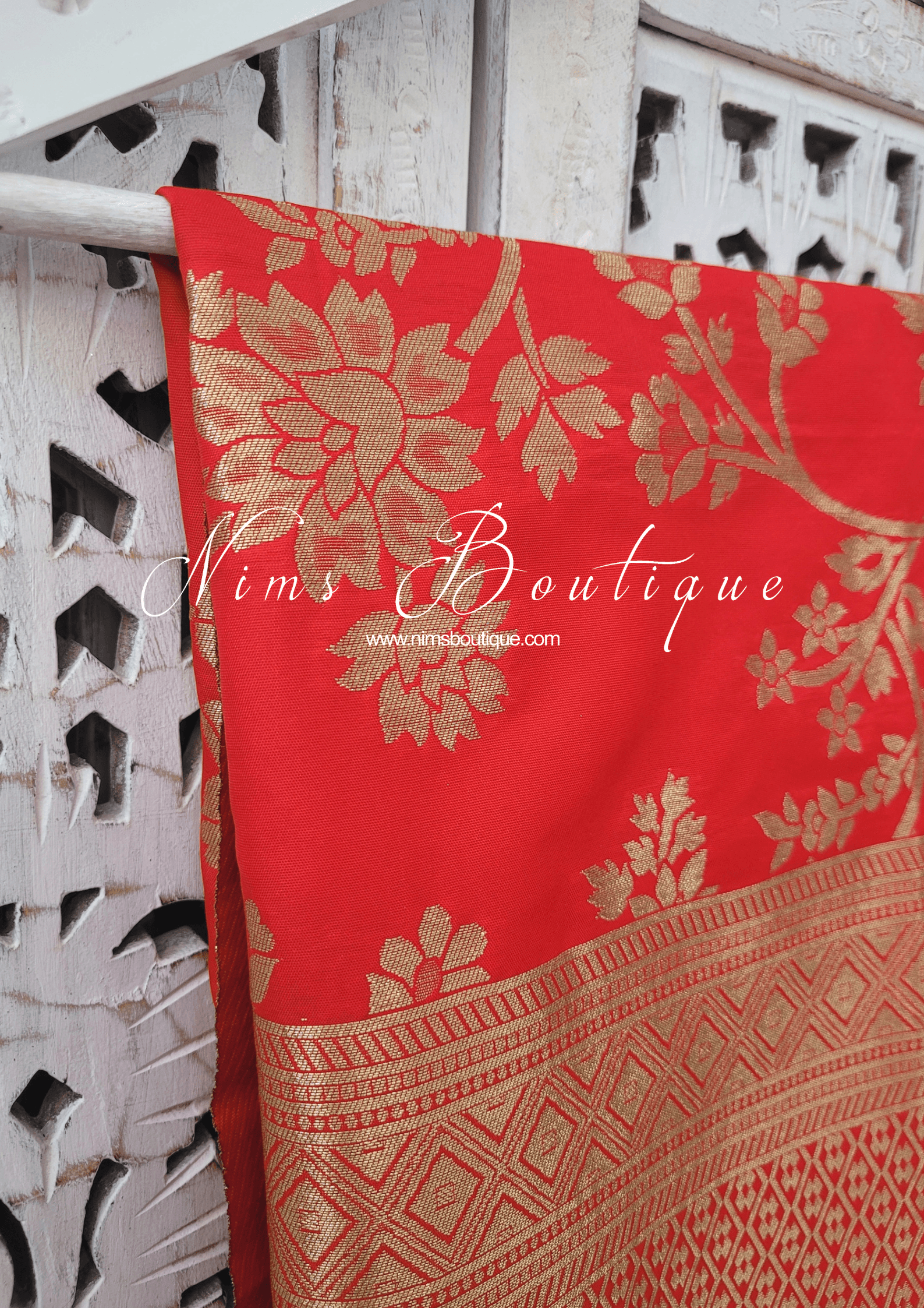 Nims Boutique Red Floral Silk Banarsi Dupatta/Chunni