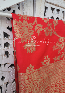 Red Floral Silk Banarsi Dupatta/Chunni