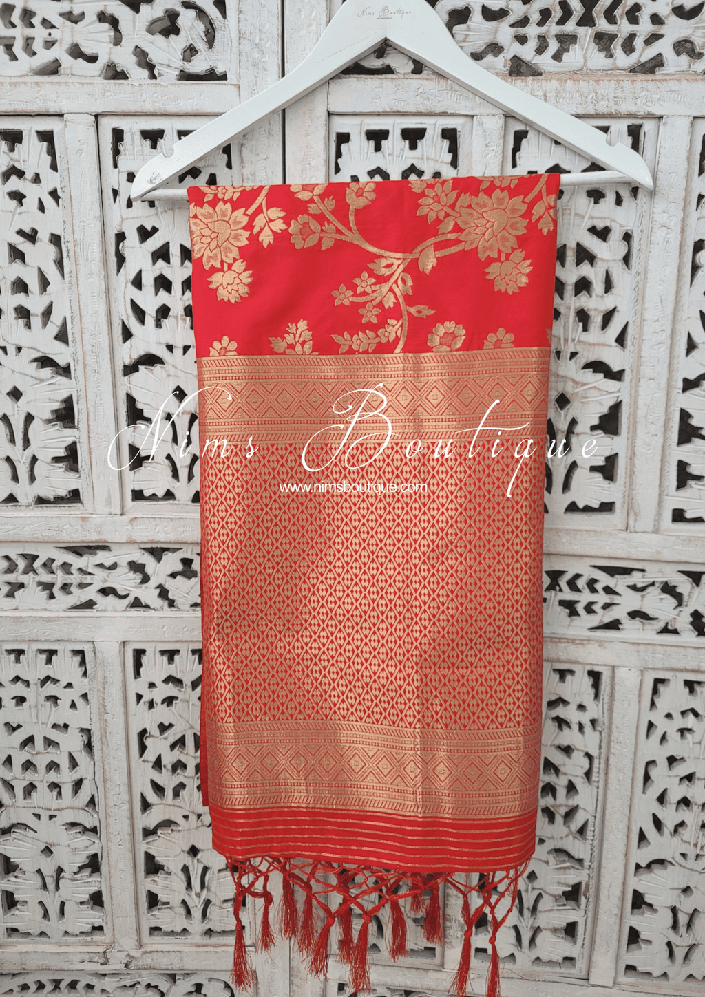 Nims Boutique Red Floral Silk Banarsi Dupatta/Chunni
