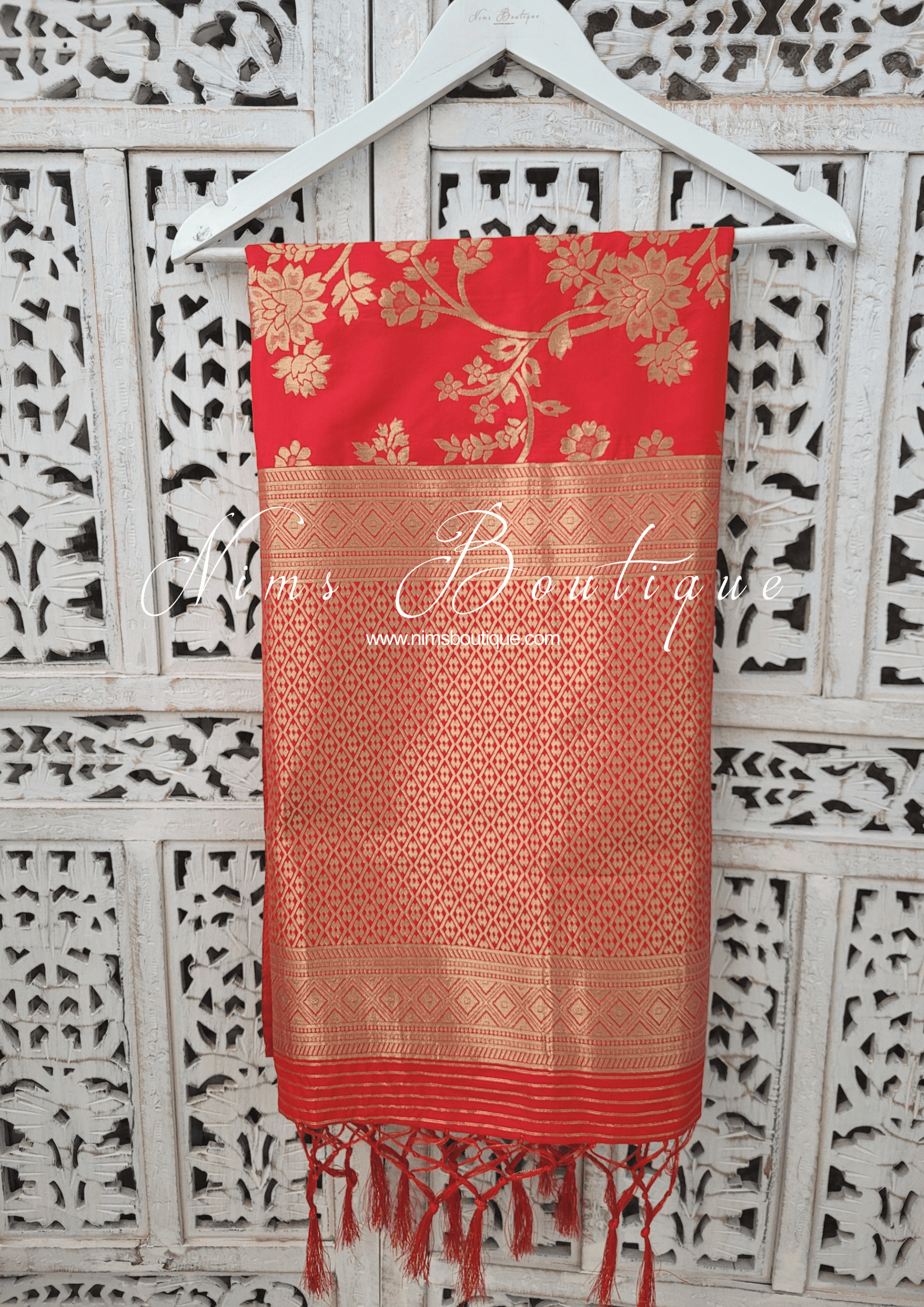 Nims Boutique Red Floral Silk Banarsi Dupatta/Chunni