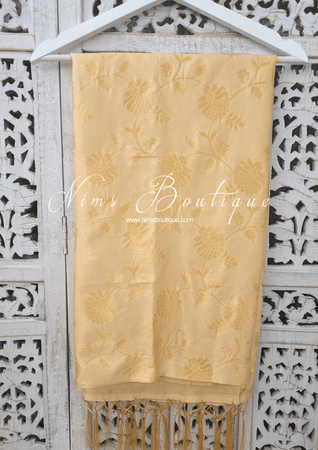 Nims Boutique Light Gold Floral Silk Banarsi Dupatta/Chunni