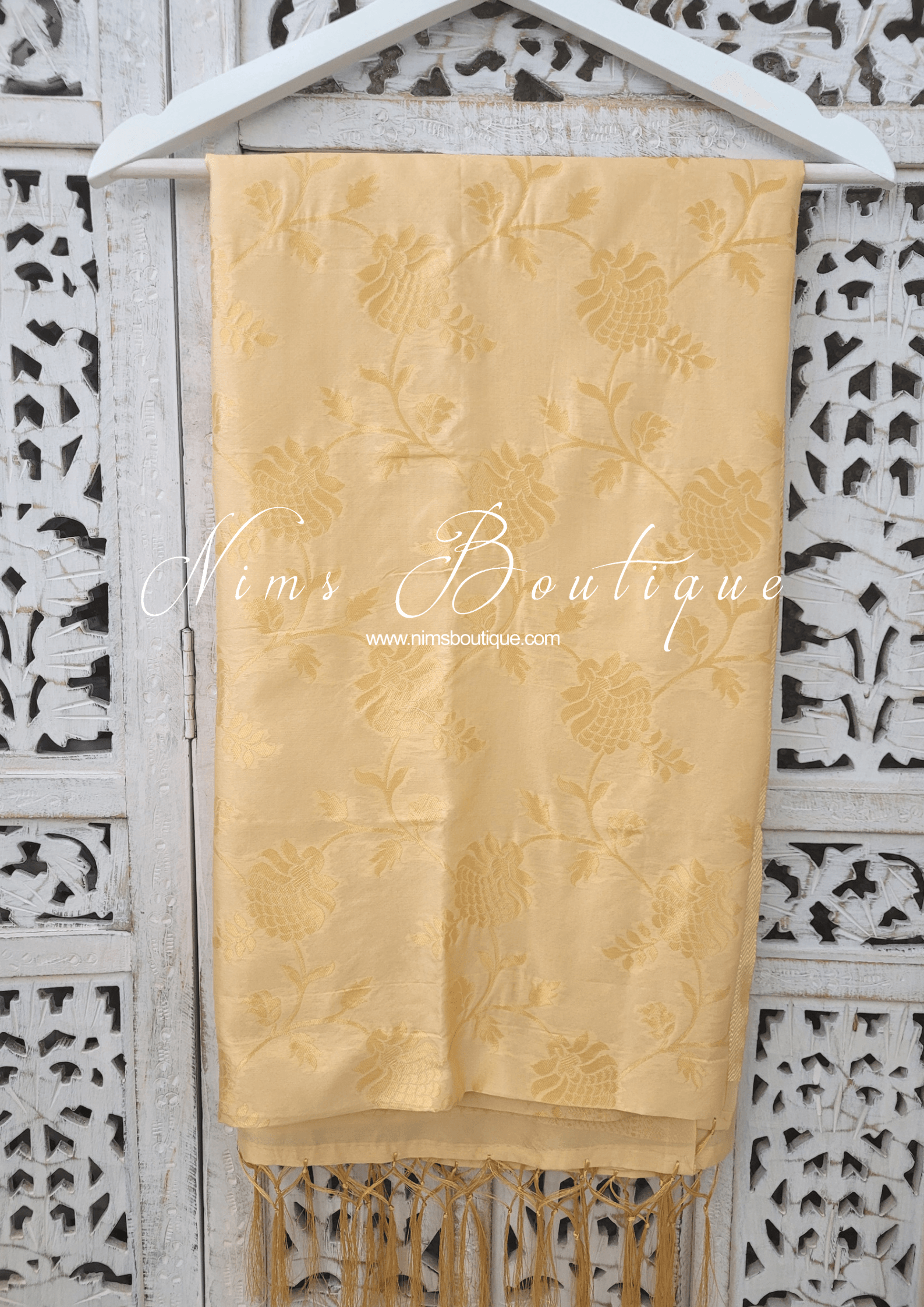 Nims Boutique Light Gold Floral Silk Banarsi Dupatta/Chunni