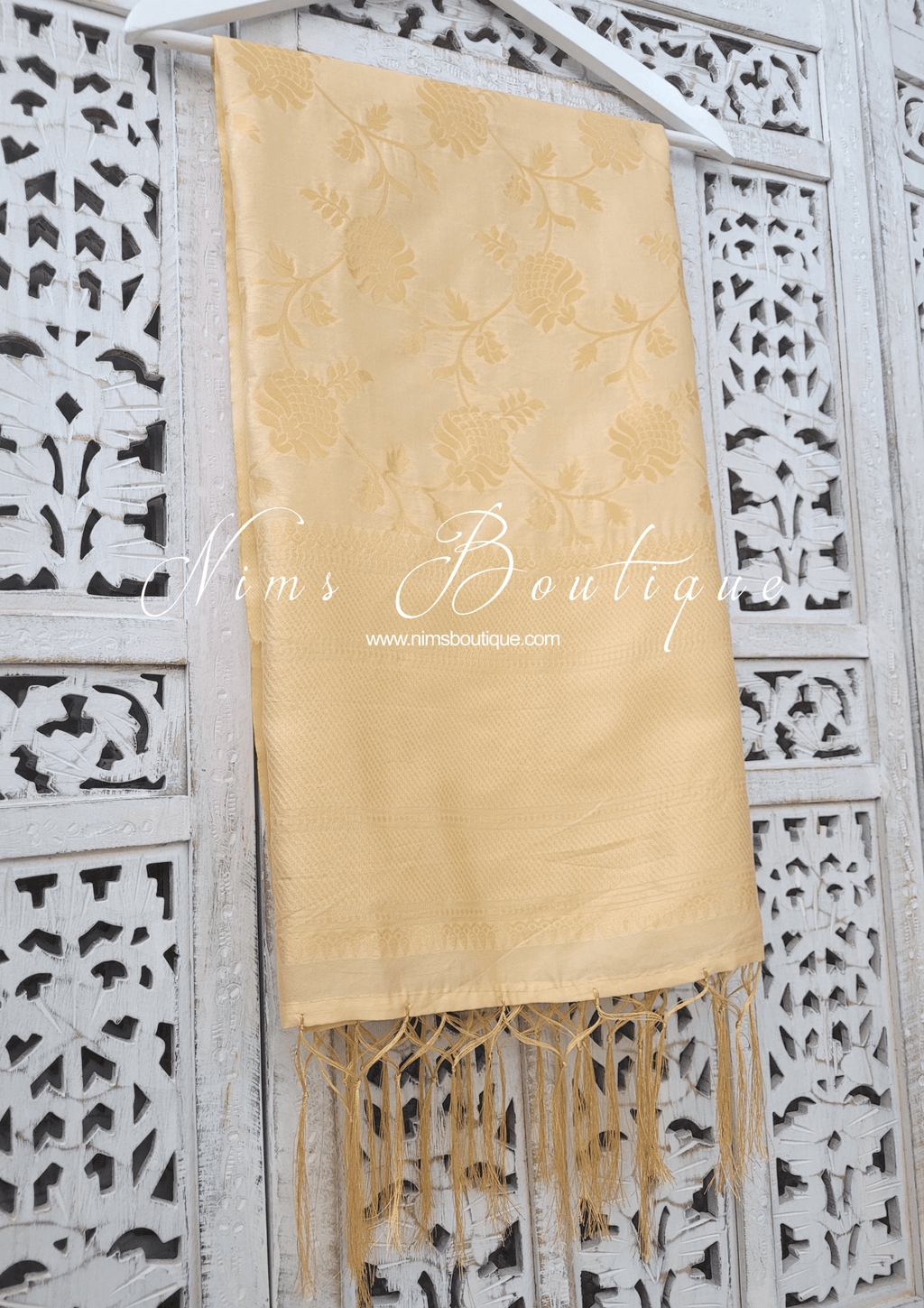 Nims Boutique Light Gold Floral Silk Banarsi Dupatta/Chunni