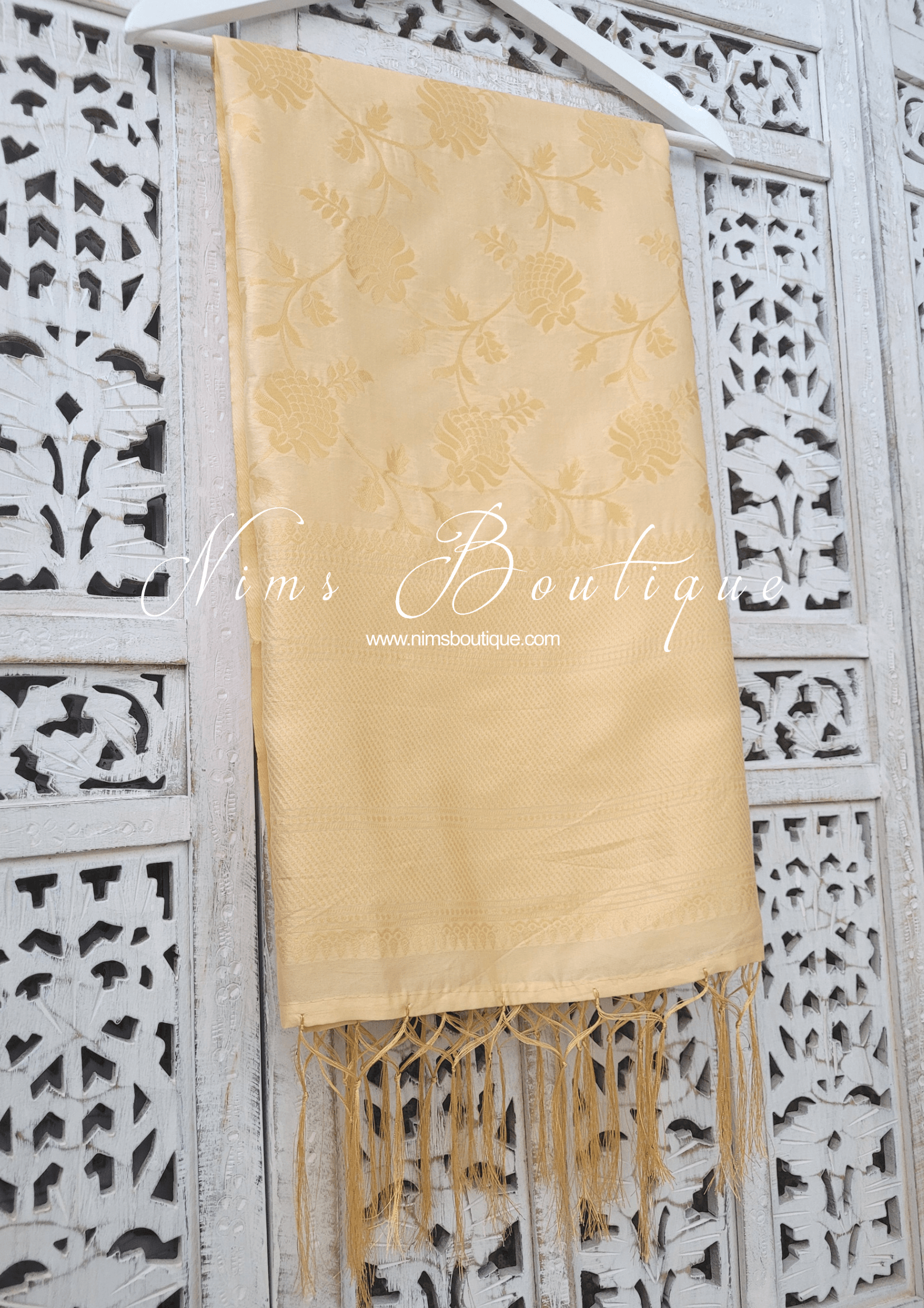 Nims Boutique Light Gold Floral Silk Banarsi Dupatta/Chunni