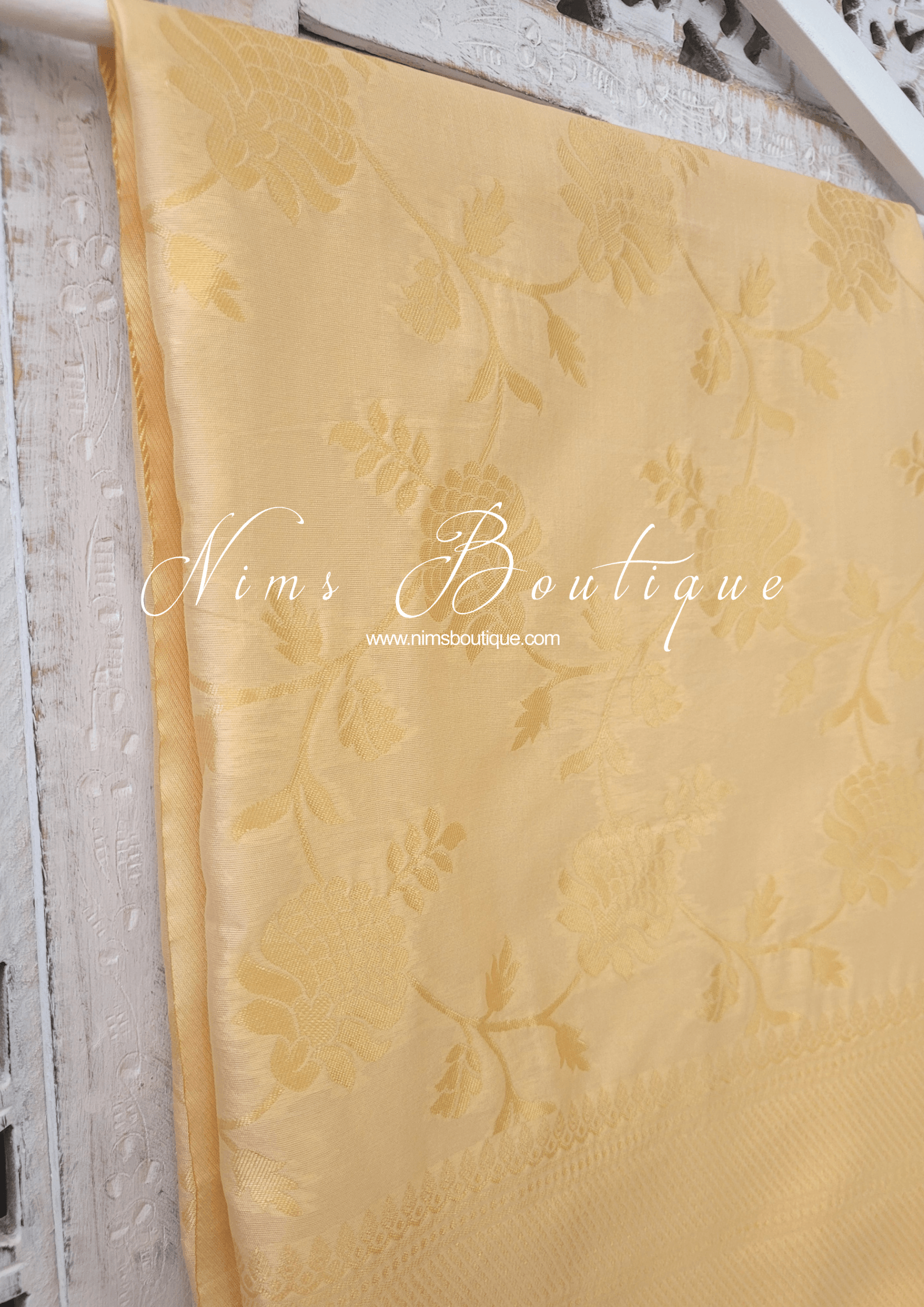 Nims Boutique Light Gold Floral Silk Banarsi Dupatta/Chunni