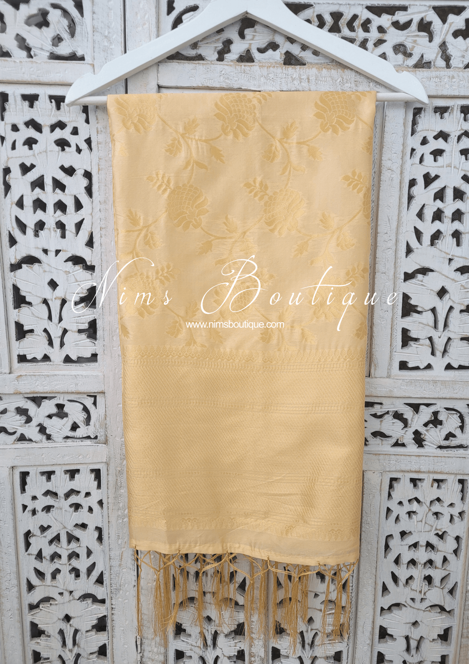 Nims Boutique Light Gold Floral Silk Banarsi Dupatta/Chunni