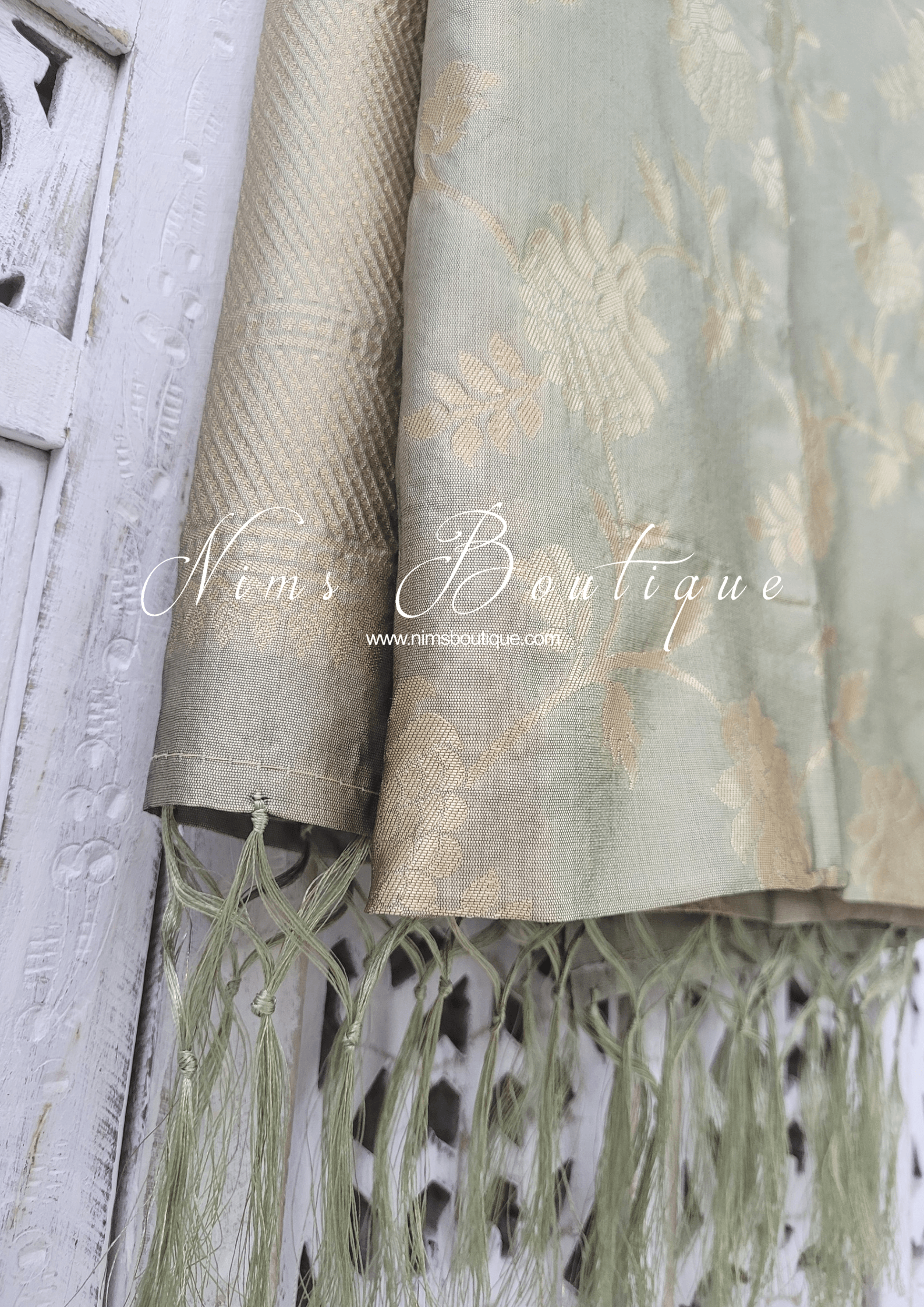 Nims Boutique Dusky Sage Floral Silk Banarsi Dupatta/Chunni