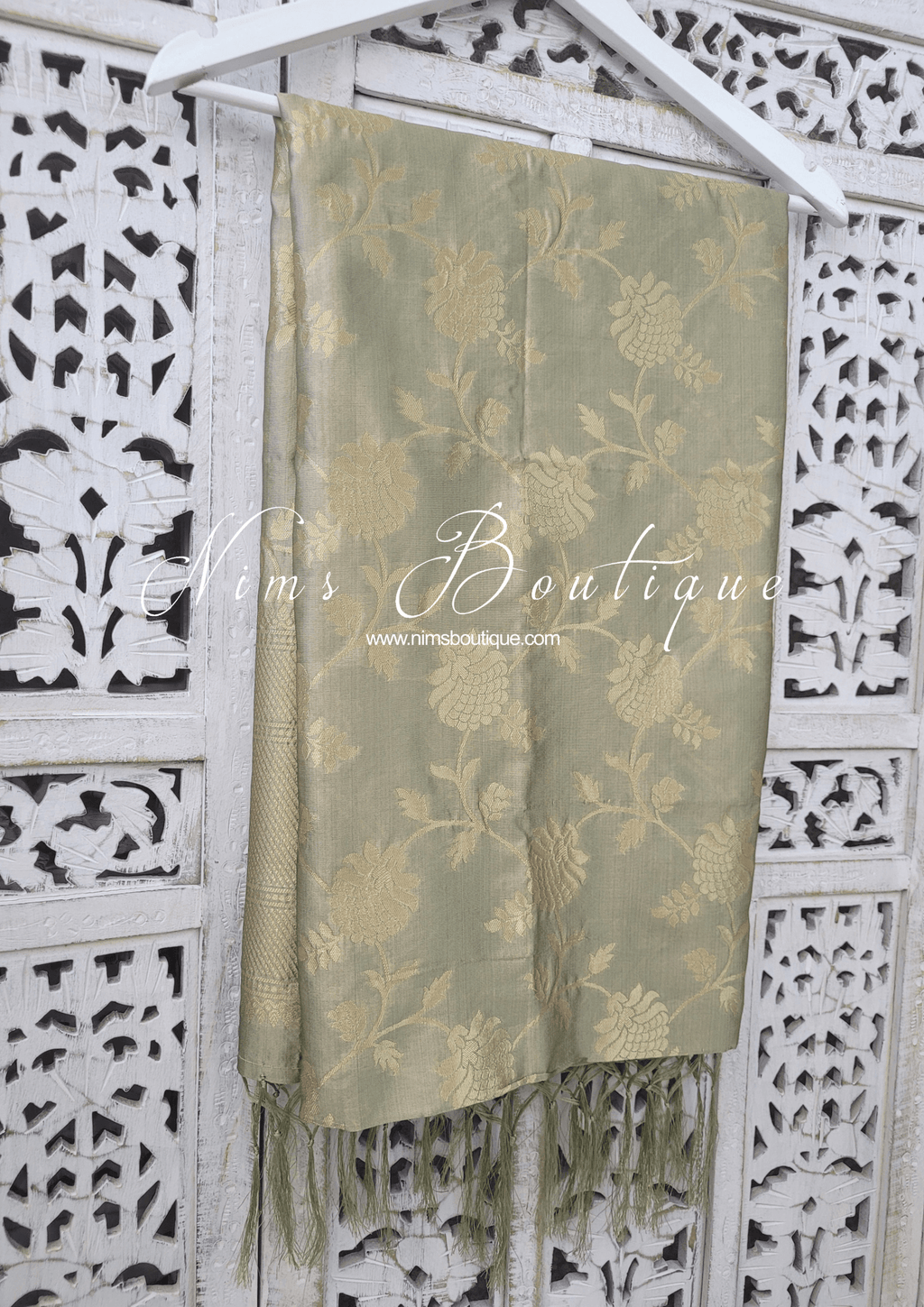 Nims Boutique Dusky Sage Floral Silk Banarsi Dupatta/Chunni