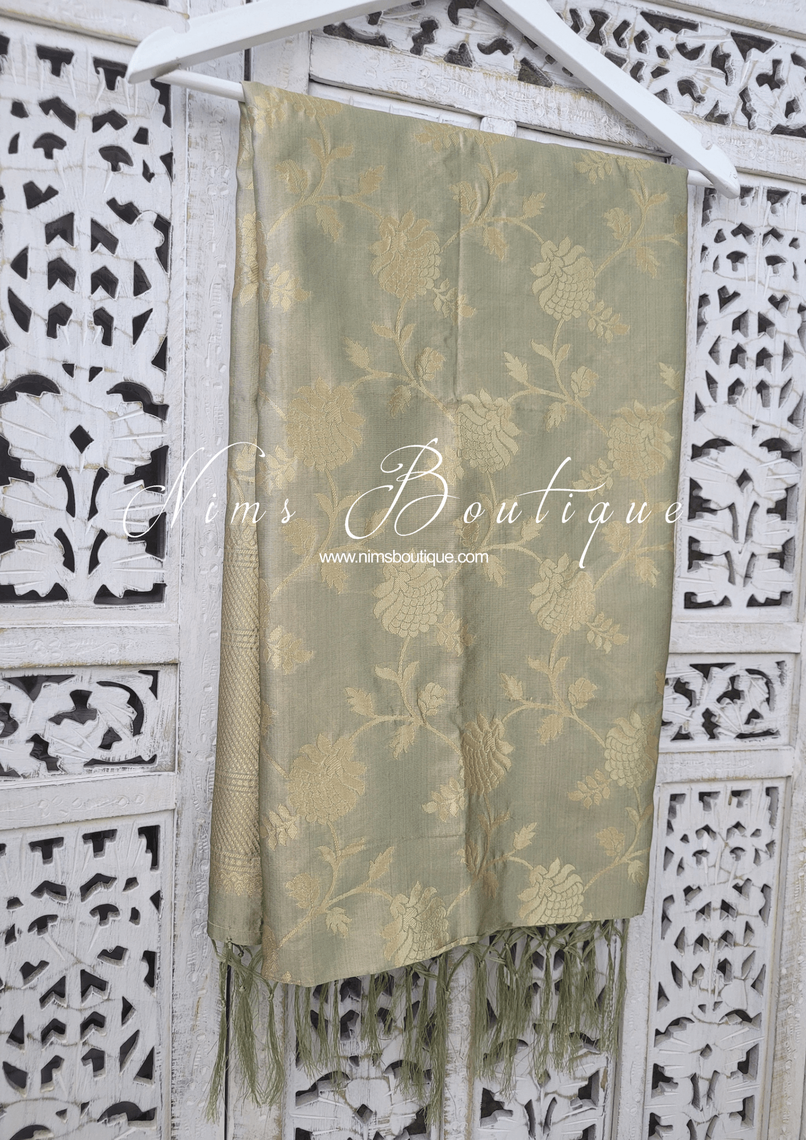 Nims Boutique Dusky Sage Floral Silk Banarsi Dupatta/Chunni