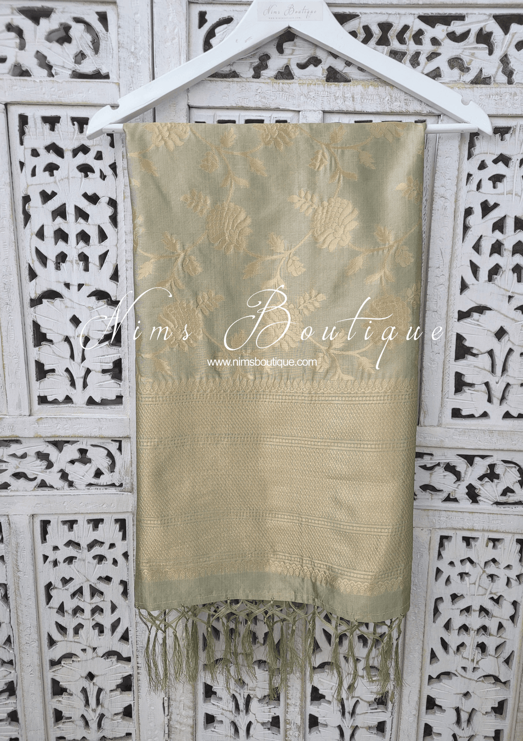Nims Boutique Dusky Sage Floral Silk Banarsi Dupatta/Chunni