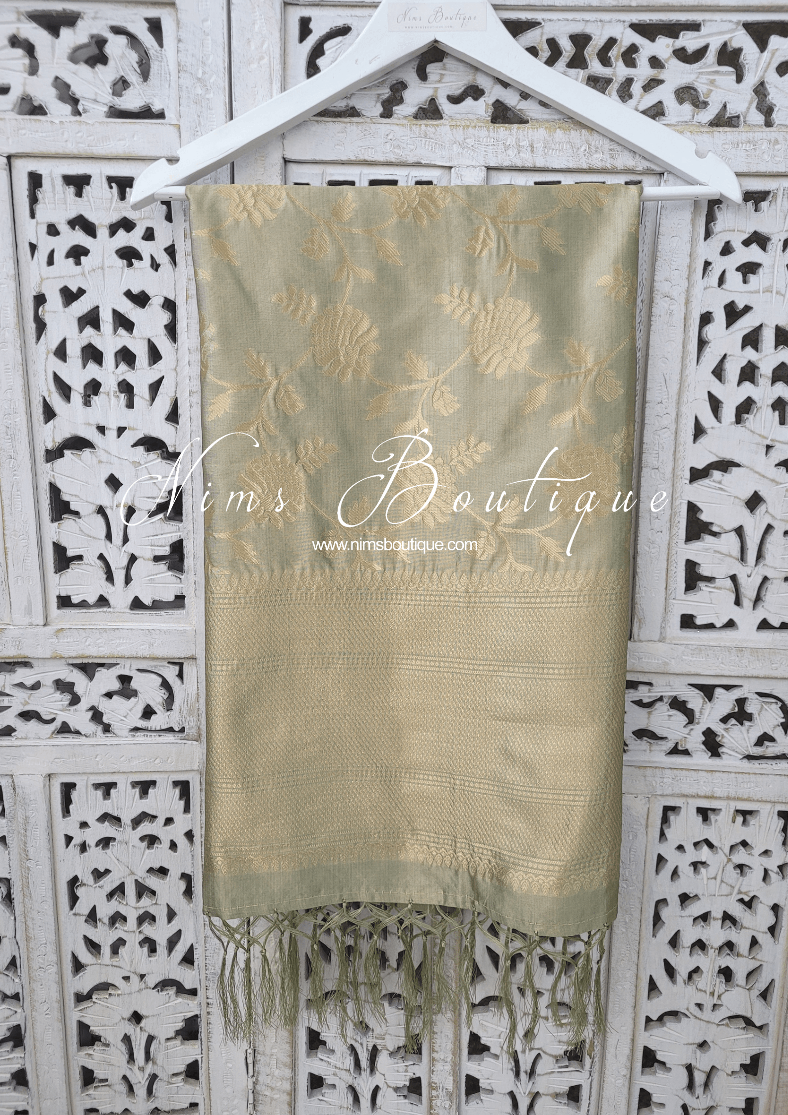 Nims Boutique Dusky Sage Floral Silk Banarsi Dupatta/Chunni