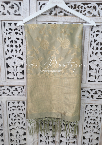 Nims Boutique Dusky Sage Floral Silk Banarsi Dupatta/Chunni