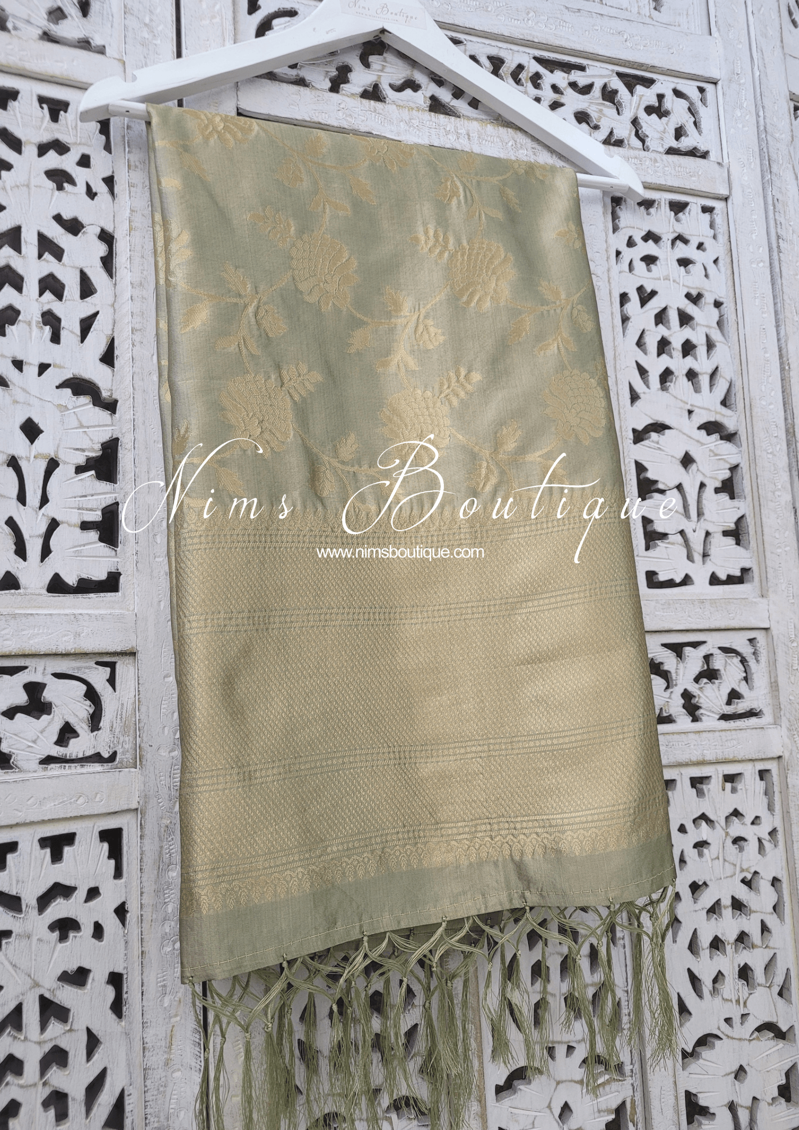 Nims Boutique Dusky Sage Floral Silk Banarsi Dupatta/Chunni