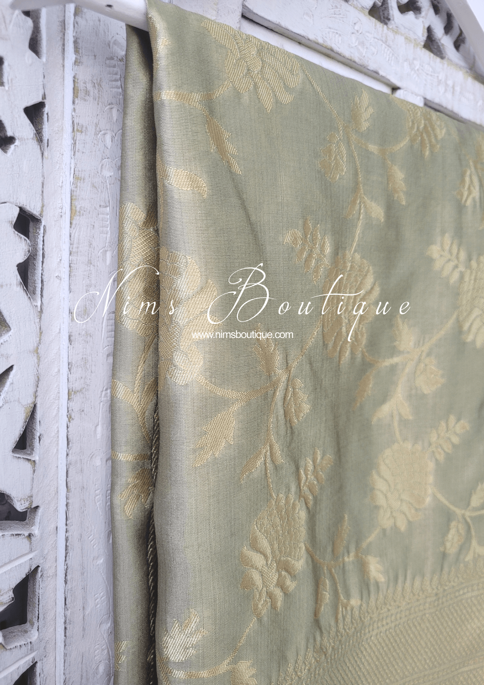 Nims Boutique Dusky Sage Floral Silk Banarsi Dupatta/Chunni