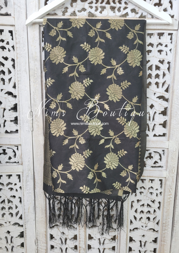 Nims Boutique Black Floral Silk Banarsi Dupatta/Chunni BN2