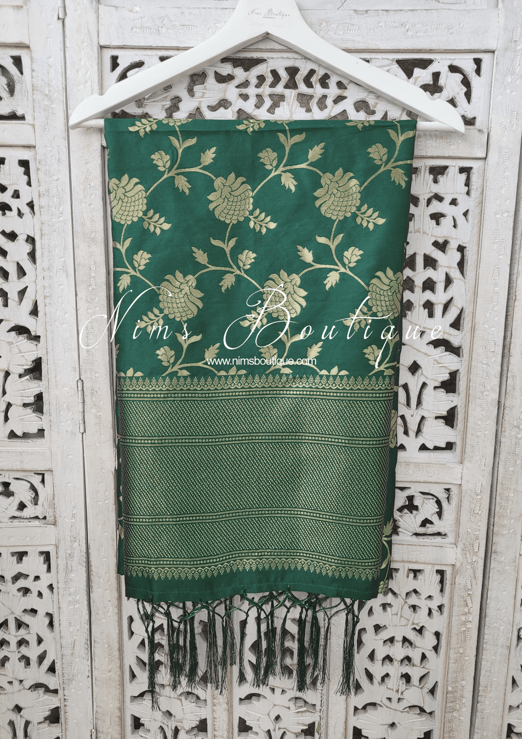 Nims Boutique Bottle Green Floral Silk Banarsi Dupatta/Chunni BN3