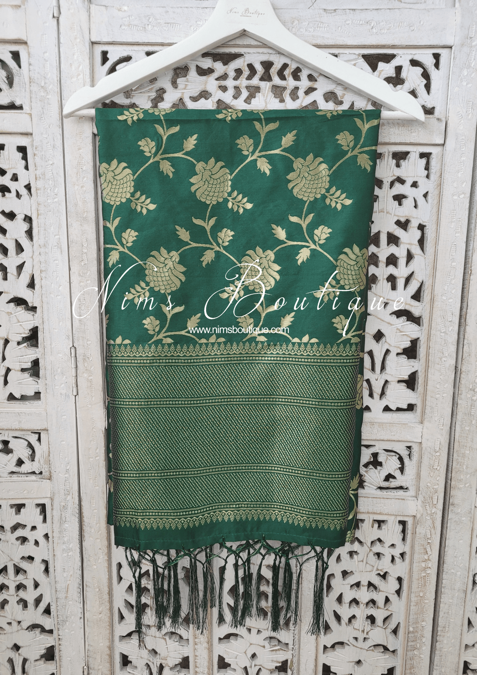 Nims Boutique Bottle Green Floral Silk Banarsi Dupatta/Chunni BN3