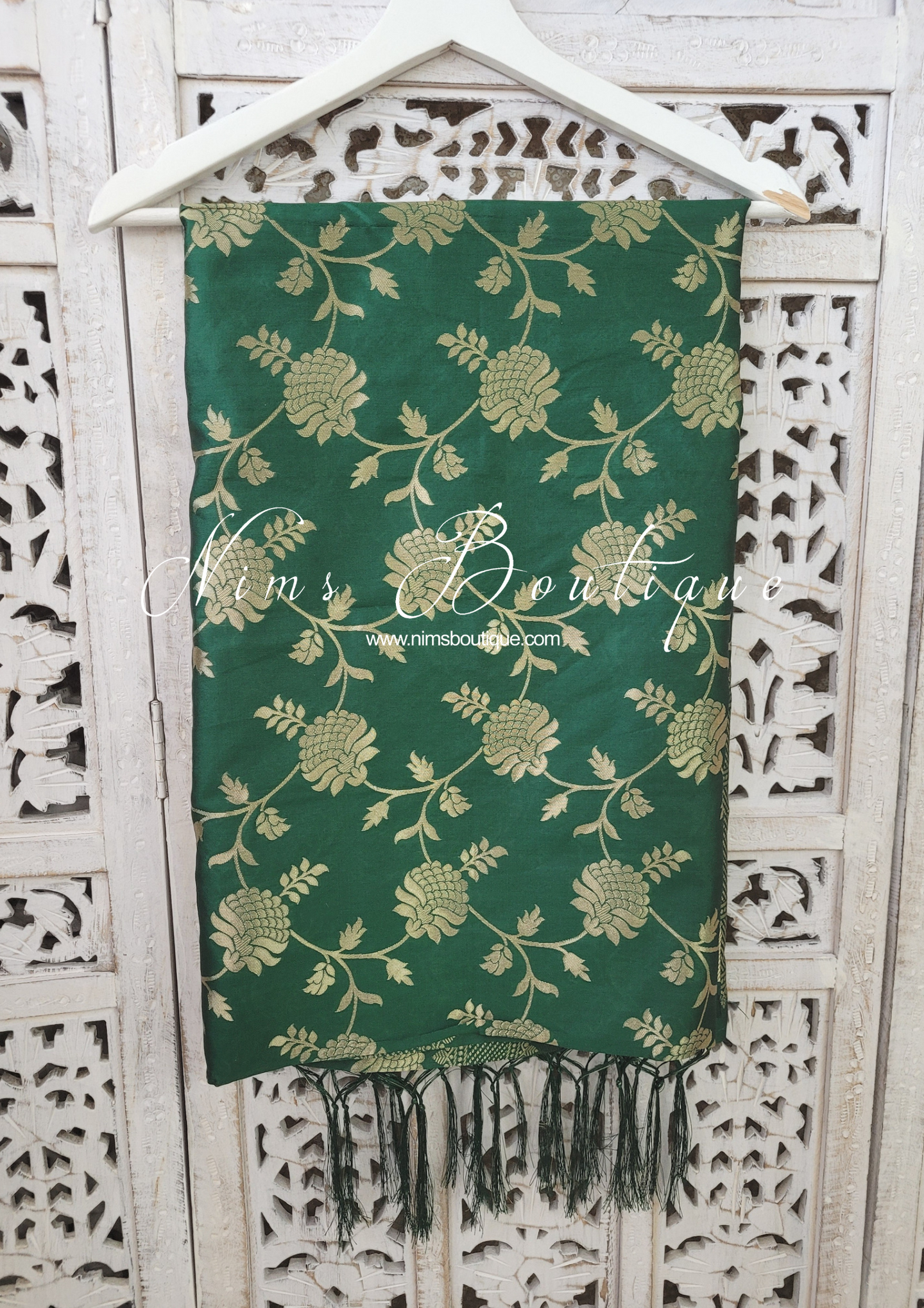Bottle Green Floral Silk Banarsi Dupatta/Chunni (BN3)