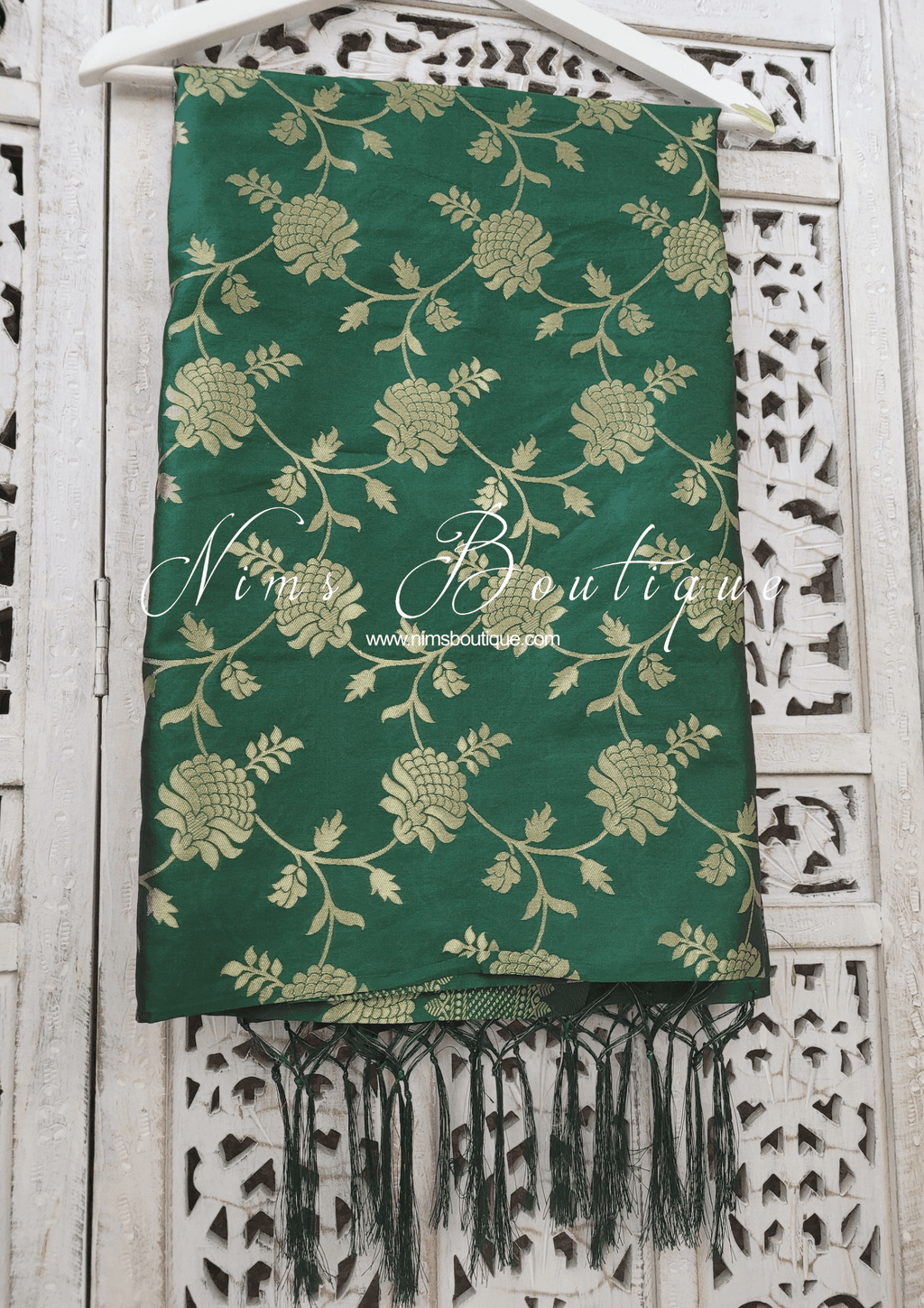 Nims Boutique Bottle Green Floral Silk Banarsi Dupatta/Chunni BN3