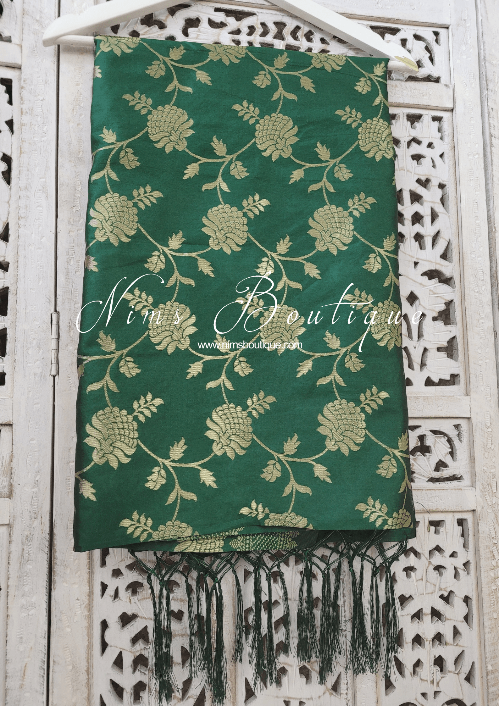Nims Boutique Bottle Green Floral Silk Banarsi Dupatta/Chunni BN3