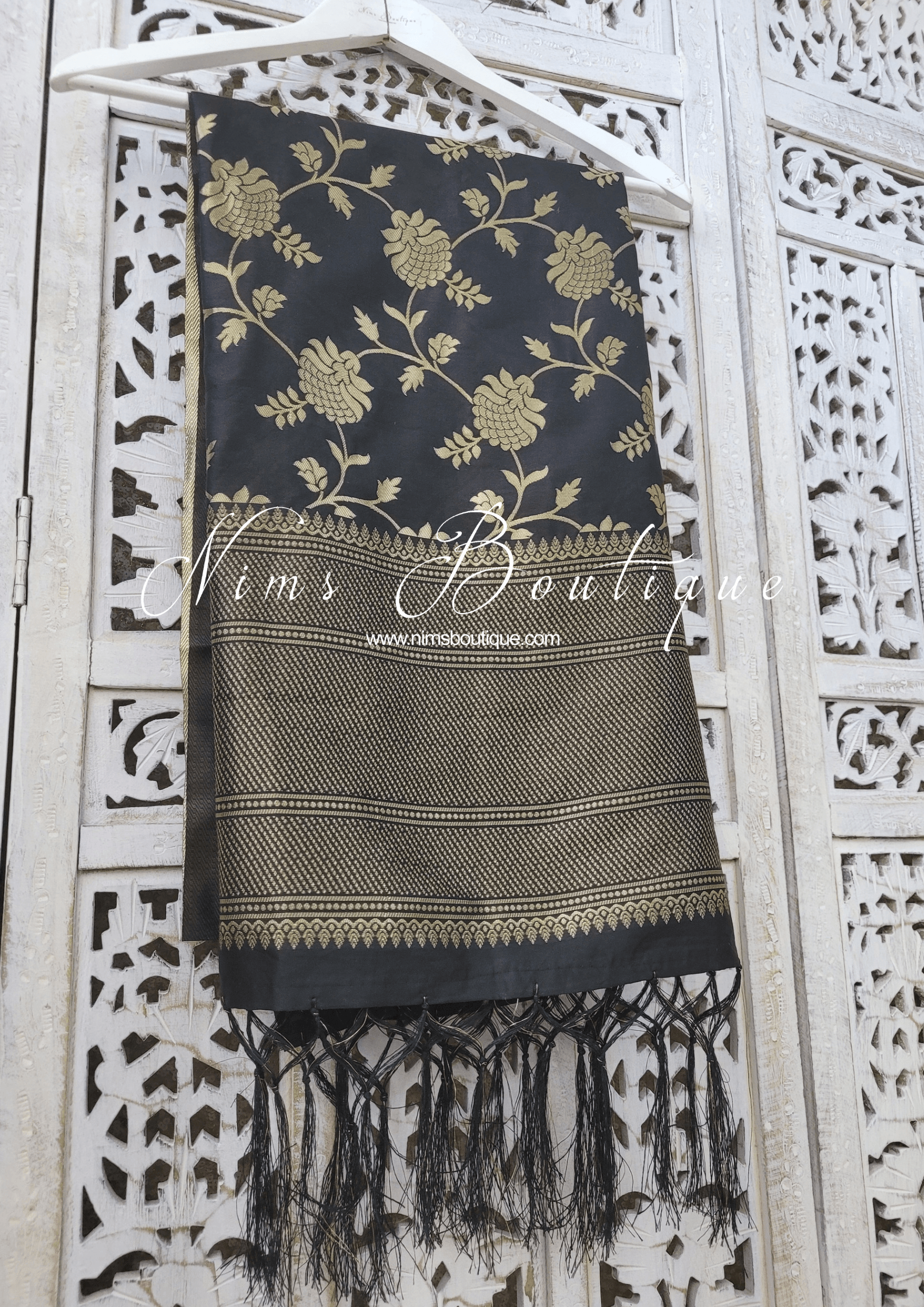 Nims Boutique Black Floral Silk Banarsi Dupatta/Chunni BN2