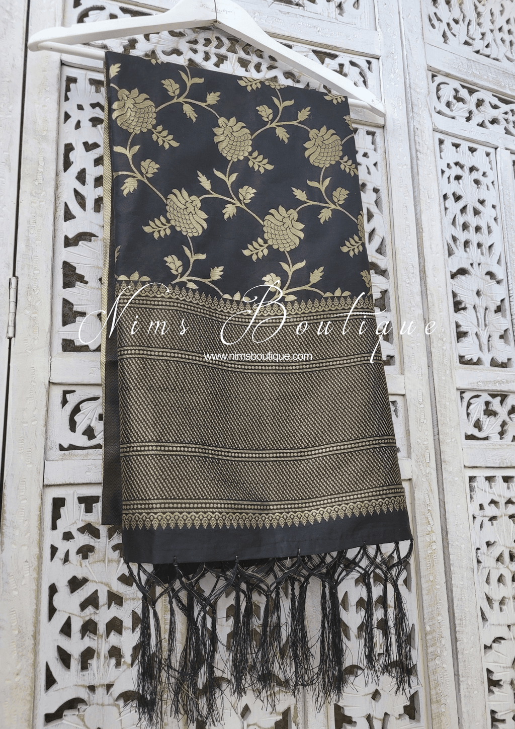 Nims Boutique Black Floral Silk Banarsi Dupatta/Chunni BN2