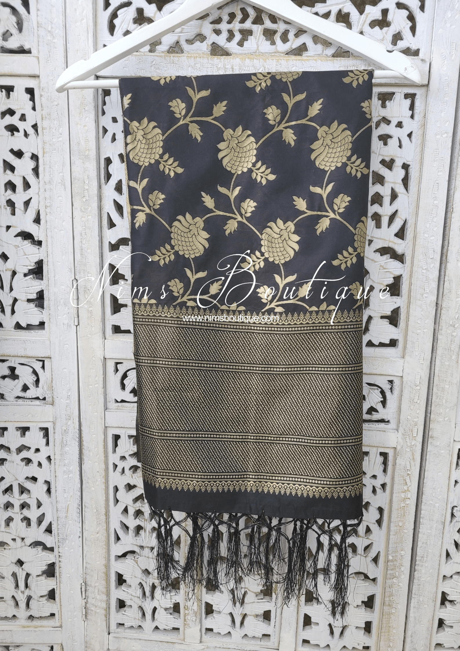 Nims Boutique Black Floral Silk Banarsi Dupatta/Chunni BN2
