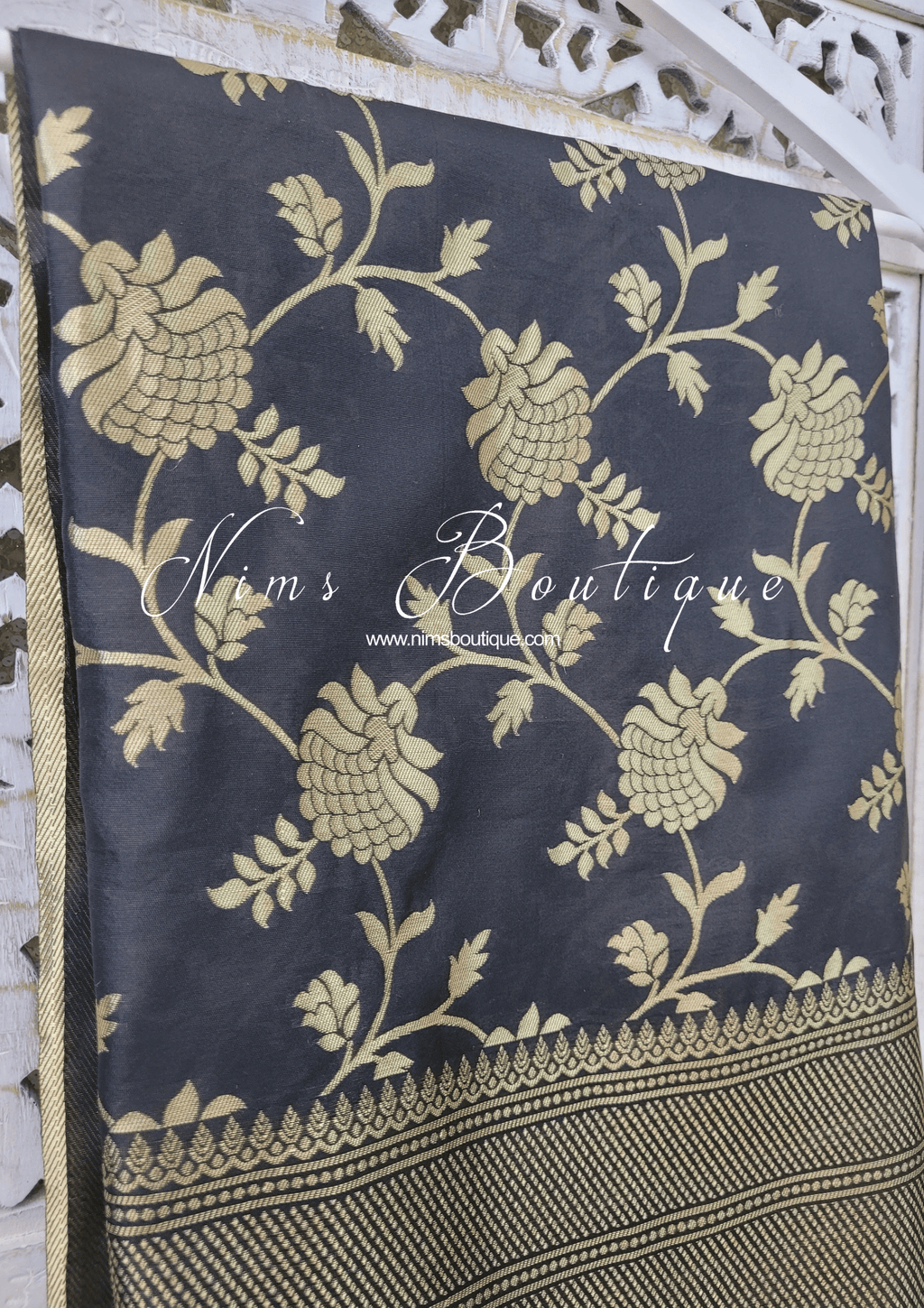 Nims Boutique Black Floral Silk Banarsi Dupatta/Chunni BN2