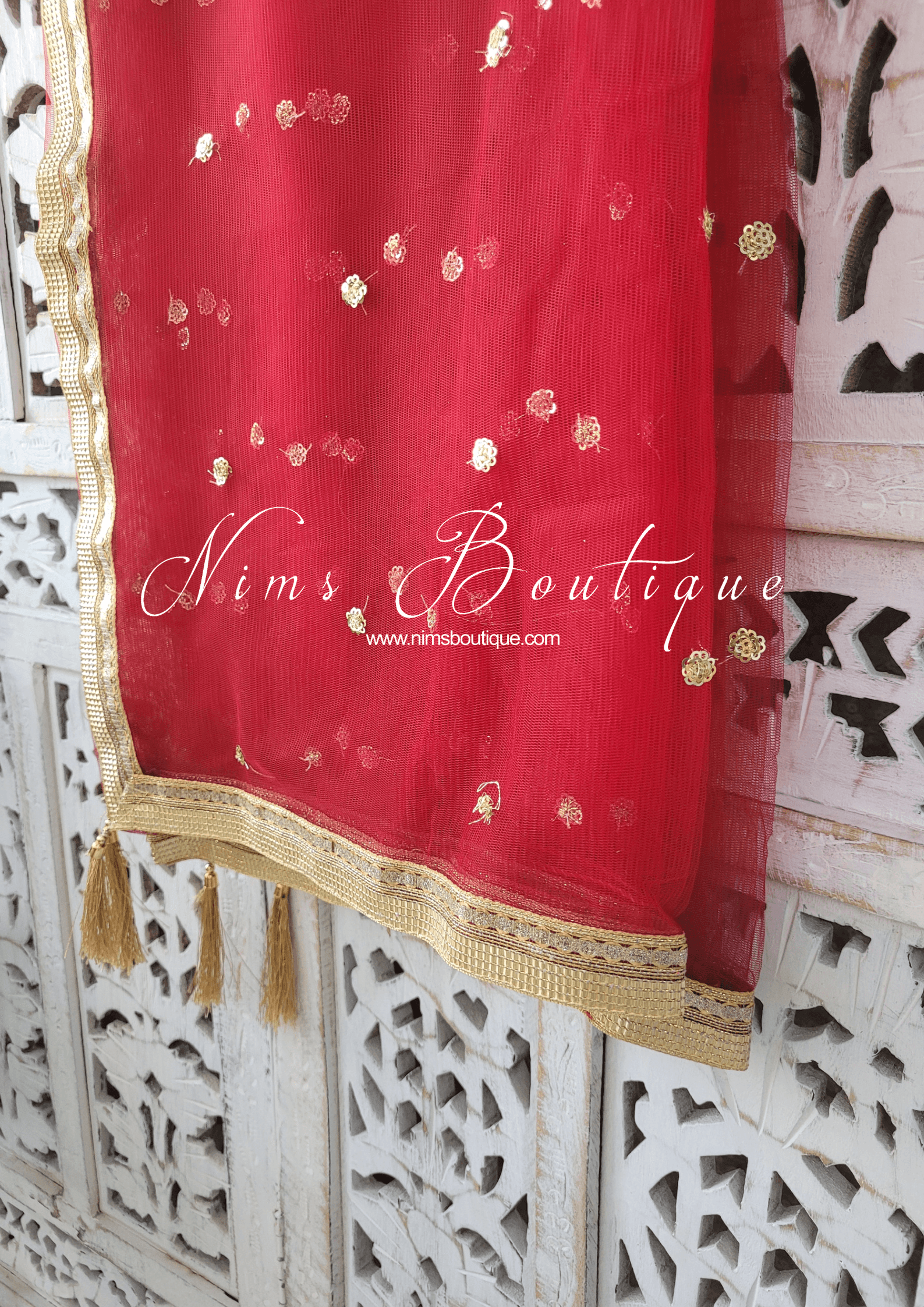 Nims Boutique Dark Red Net Sequin Dupatta/Chunni